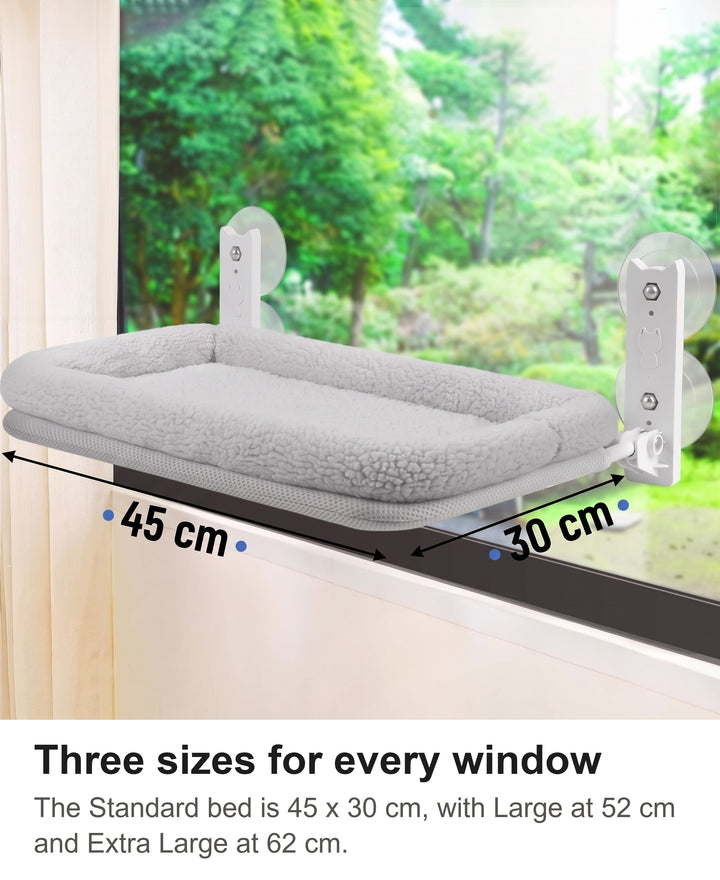 Cat window perch with its Standard size marked 45 cm by 30 cm