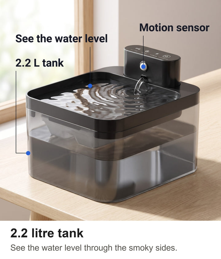 Cat fountain with 2.2 L tank, visible water level and motion sensor labelled