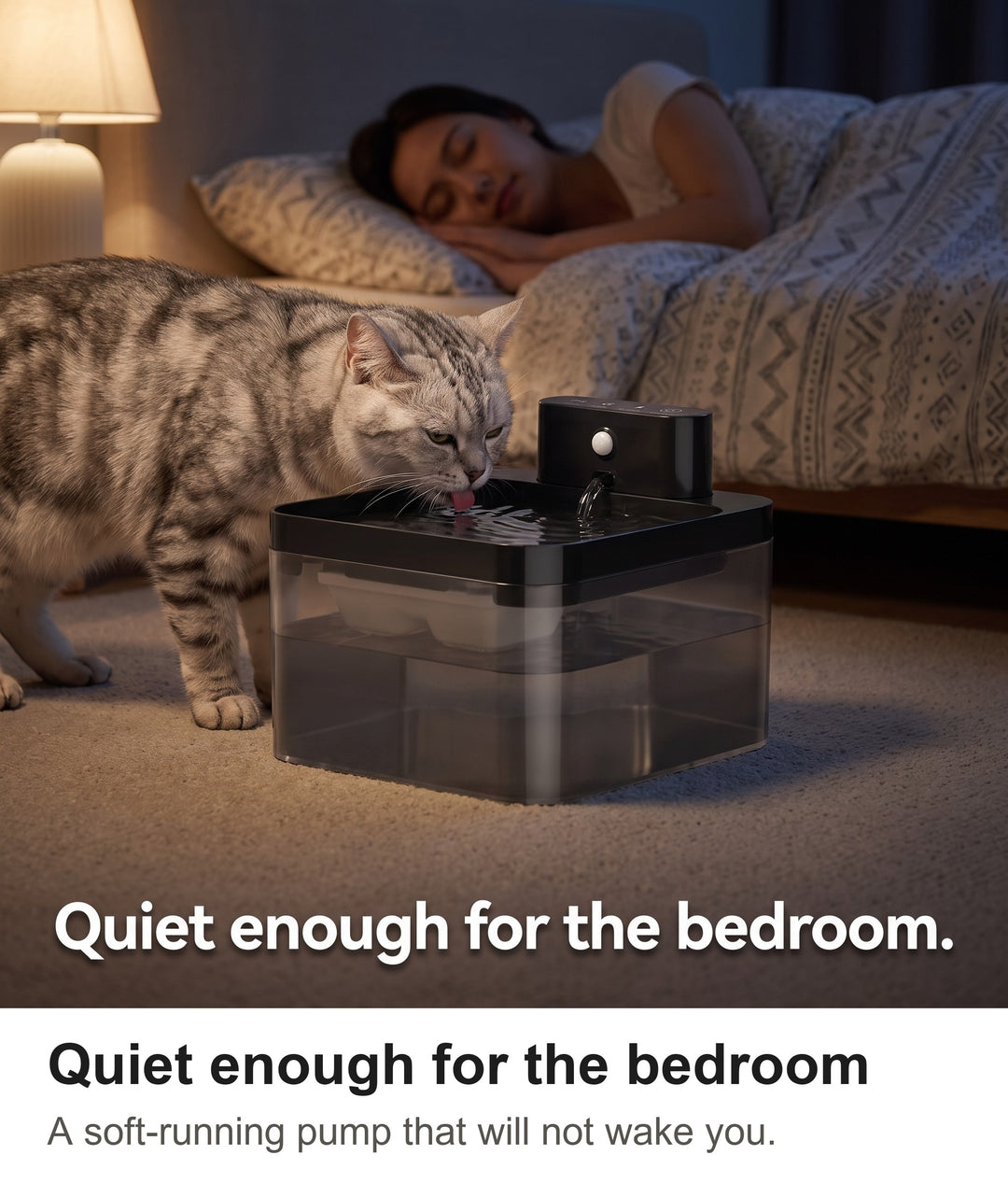 Silver tabby cat drinking from the cordless cat water fountain in a bedroom at night