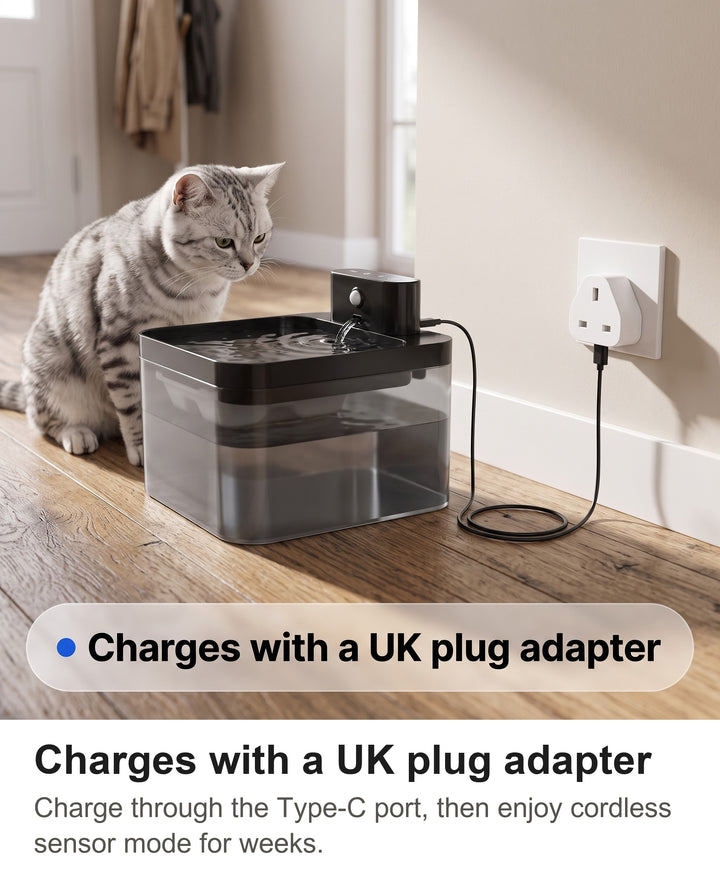 Cat fountain charging through its Type-C port with the UK plug adapter in a wall socket