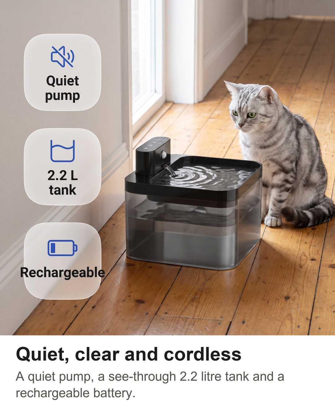 Cordless cat fountain with chips: quiet pump, 2.2 litre tank, rechargeable battery