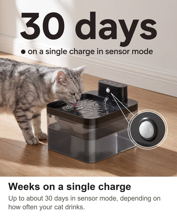 Cat fountain with up to 30 days on a charge and a zoom on the round sensor eye