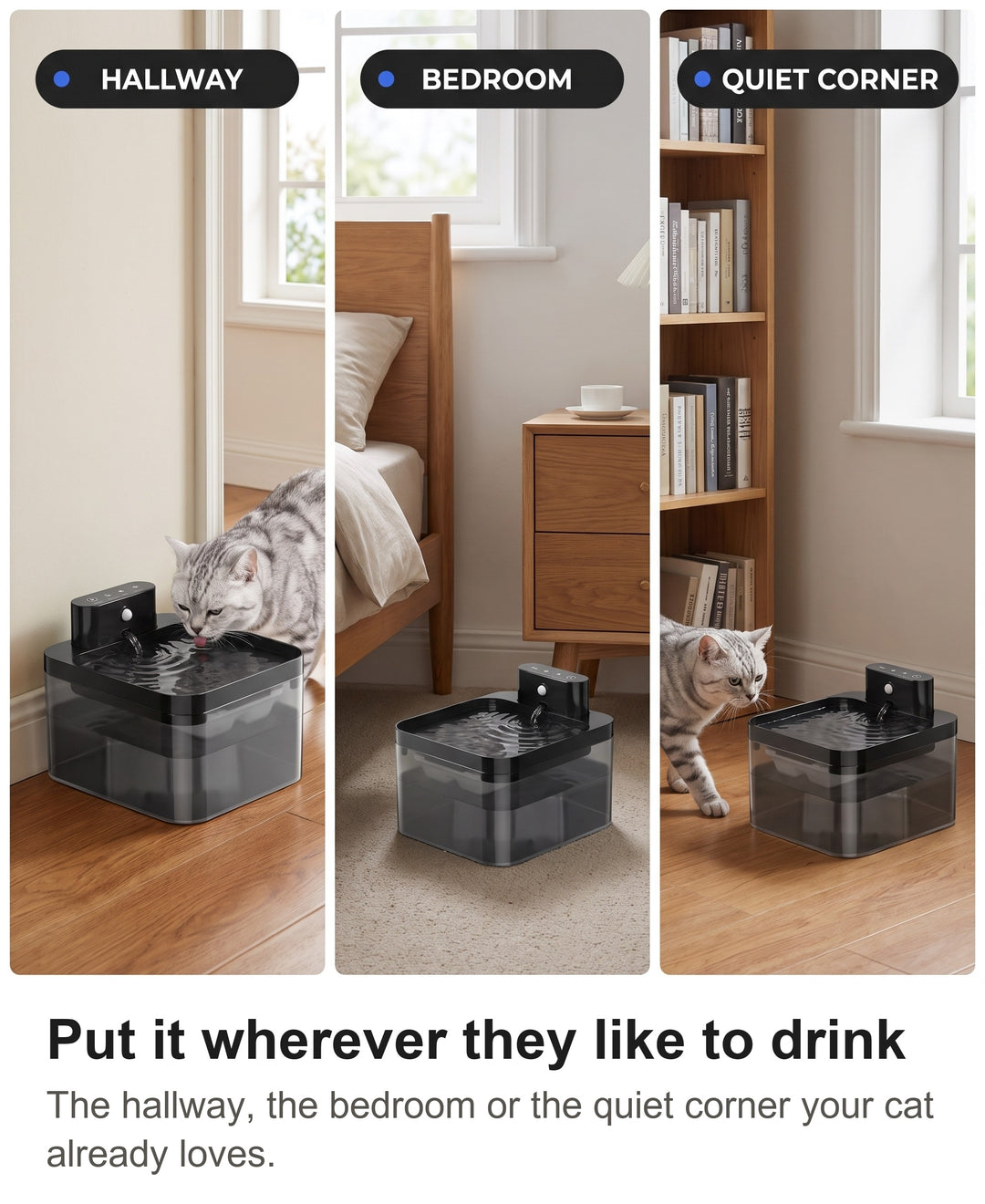 Cordless cat fountain in a hallway, a bedroom and a quiet living room corner
