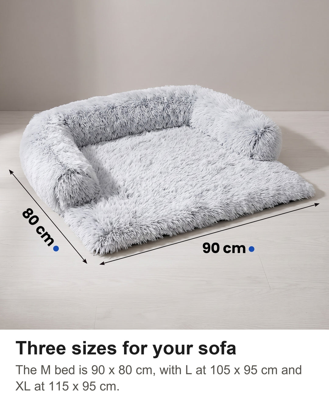 Dog sofa bed in size M with its overall size marked 90 cm by 80 cm