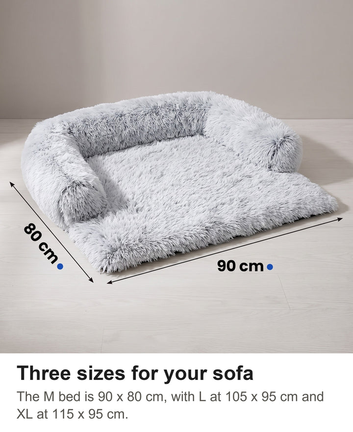 Dog sofa bed in size M with its overall size marked 90 cm by 80 cm