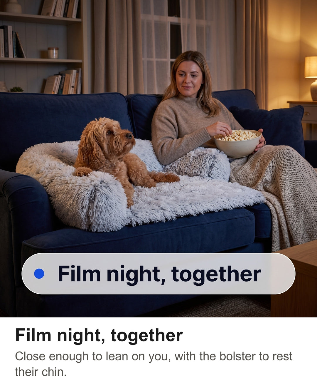 Woman watching television on the sofa with a cockapoo in the fluffy dog bed beside her