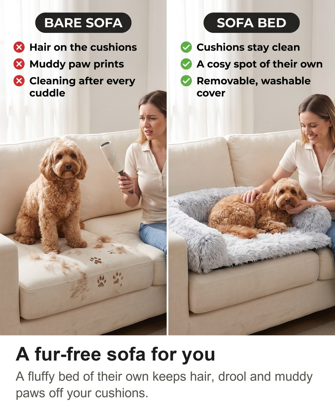 Comparison of a dog on a bare sofa covered in hair with the dog on the fluffy dog sofa bed