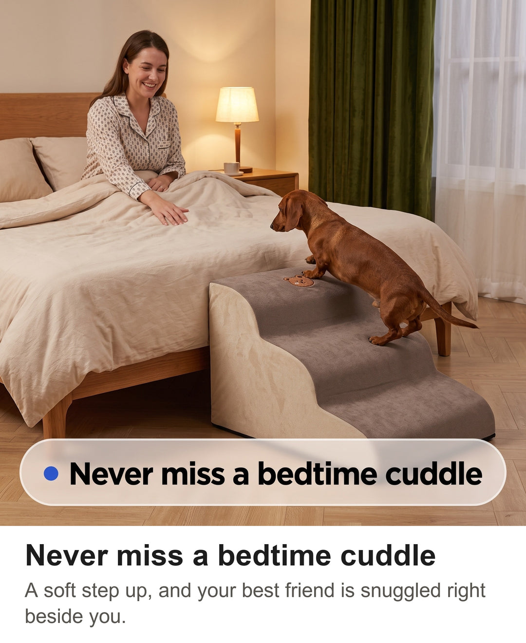 Dachshund climbing the foam steps onto a bed beside a sleepy woman at bedtime