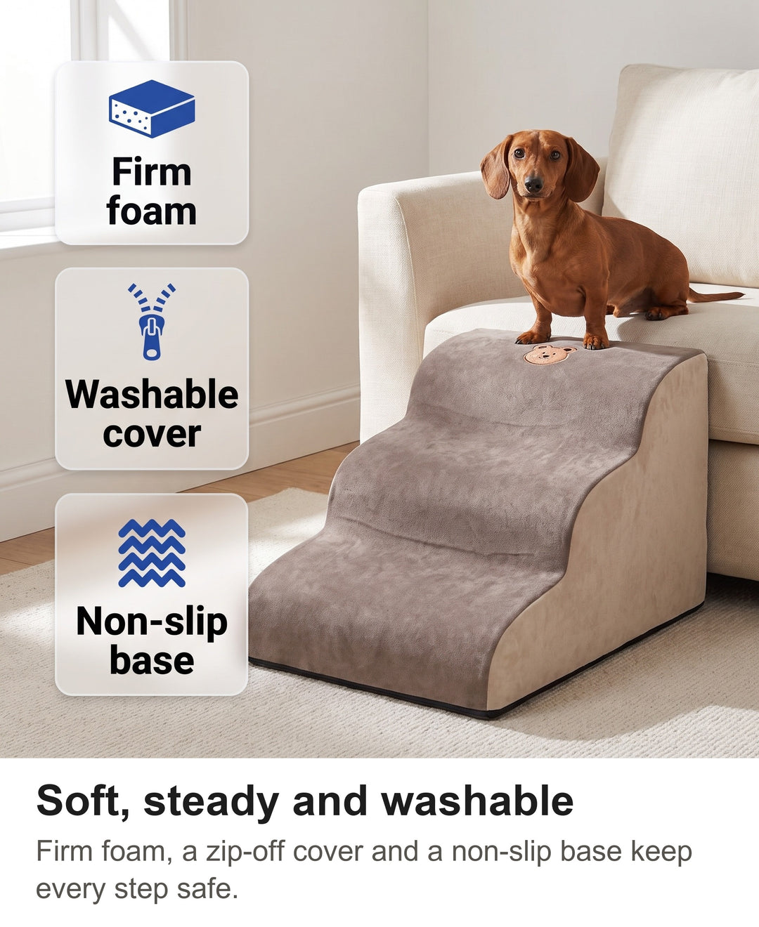 Foam dog stairs with chips: high-density foam, washable cover, non-slip base