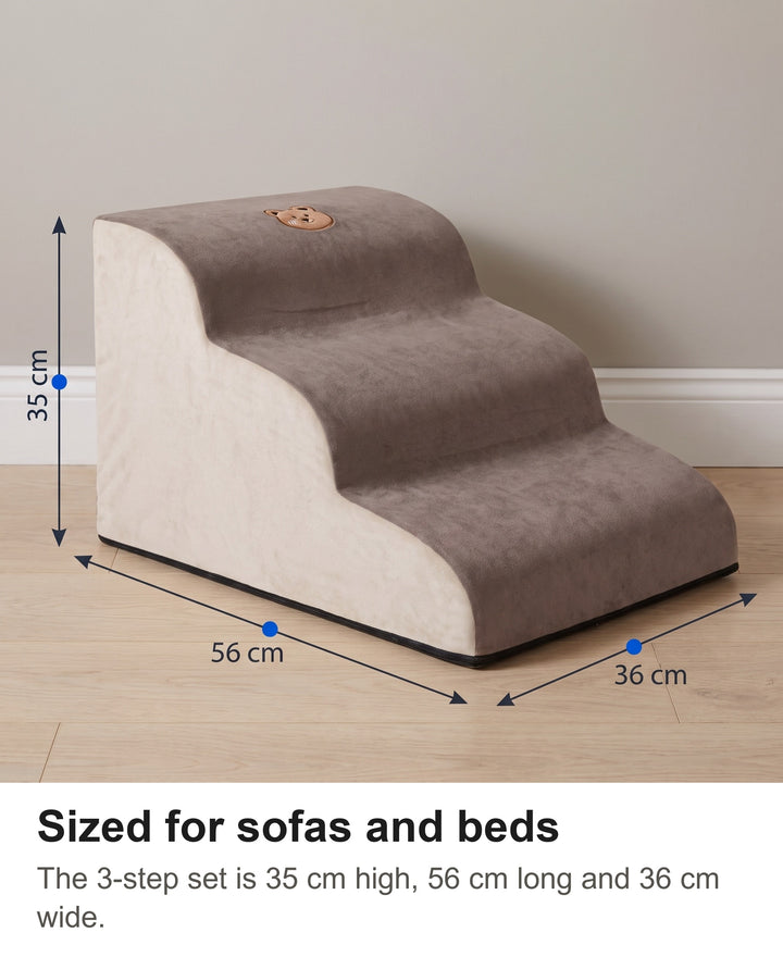 Foam dog steps with 3 steps with size marked: 35 cm high, 56 cm long and 36 cm wide