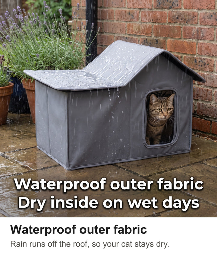 Brown tabby cat sheltering dry inside the outdoor cat house on a rainy garden patio
