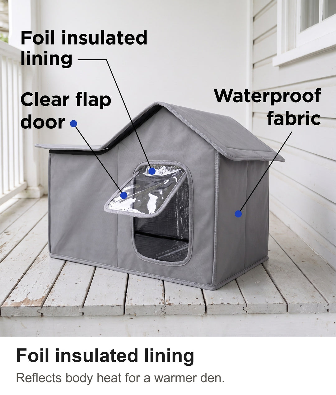 Outdoor cat house with foil insulated lining, clear flap door and waterproof fabric labelled