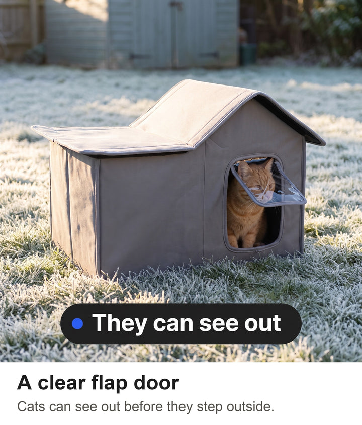 Ginger cat looking out through the clear flap door of the outdoor cat shelter on a frosty lawn