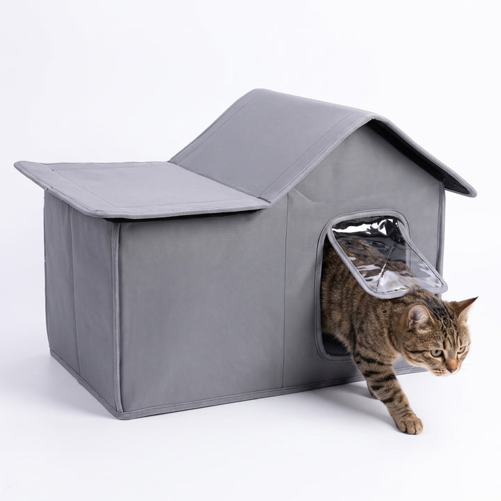 Grey outdoor cat house with clear flap door, tabby cat stepping out