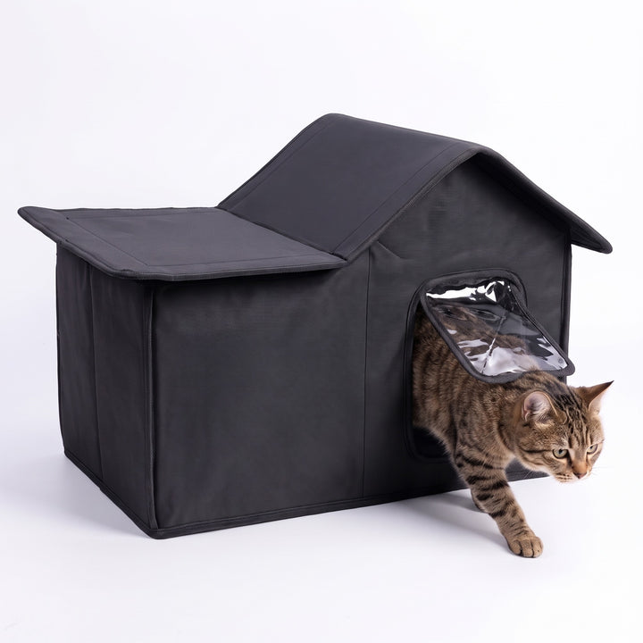 Black outdoor cat house with clear flap door, tabby cat stepping out