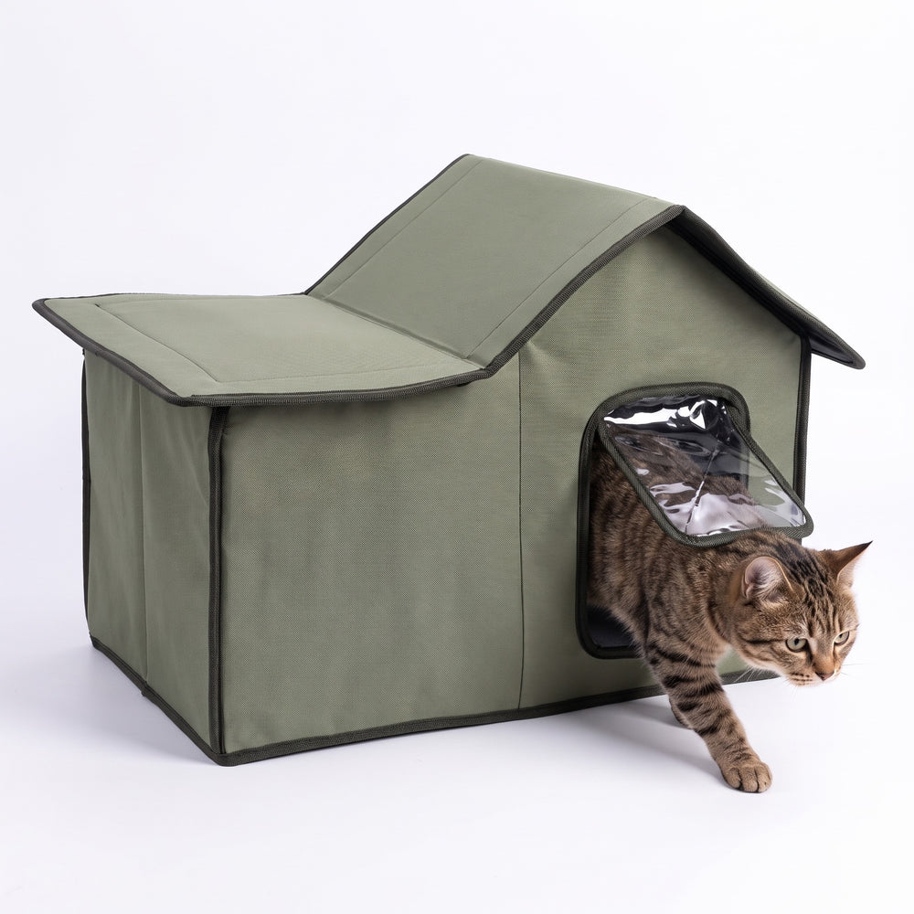 Army green outdoor cat house with clear flap door, tabby cat stepping out