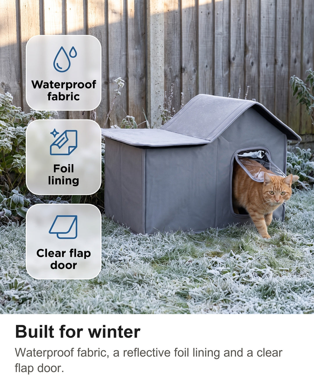 Outdoor cat house with chips: waterproof fabric, foil insulated lining, clear flap door