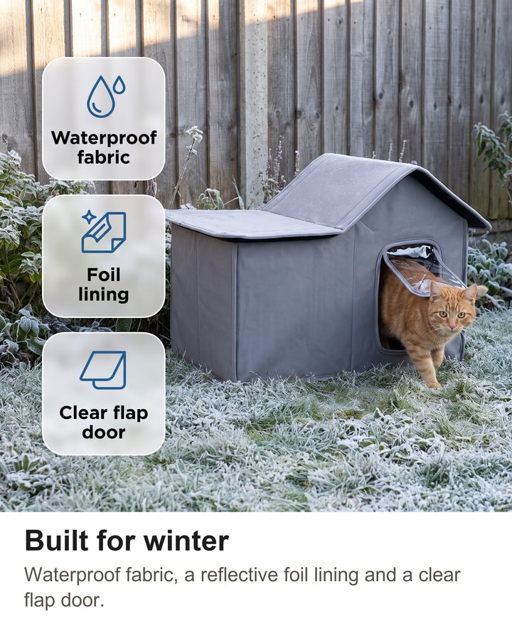 Outdoor cat house with chips: waterproof fabric, foil insulated lining, clear flap door