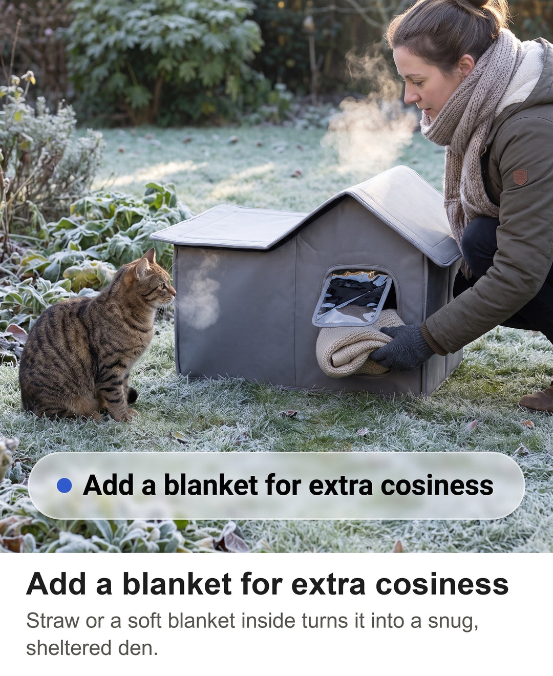 Hand tucking a blanket into the outdoor cat house for a tabby cat
