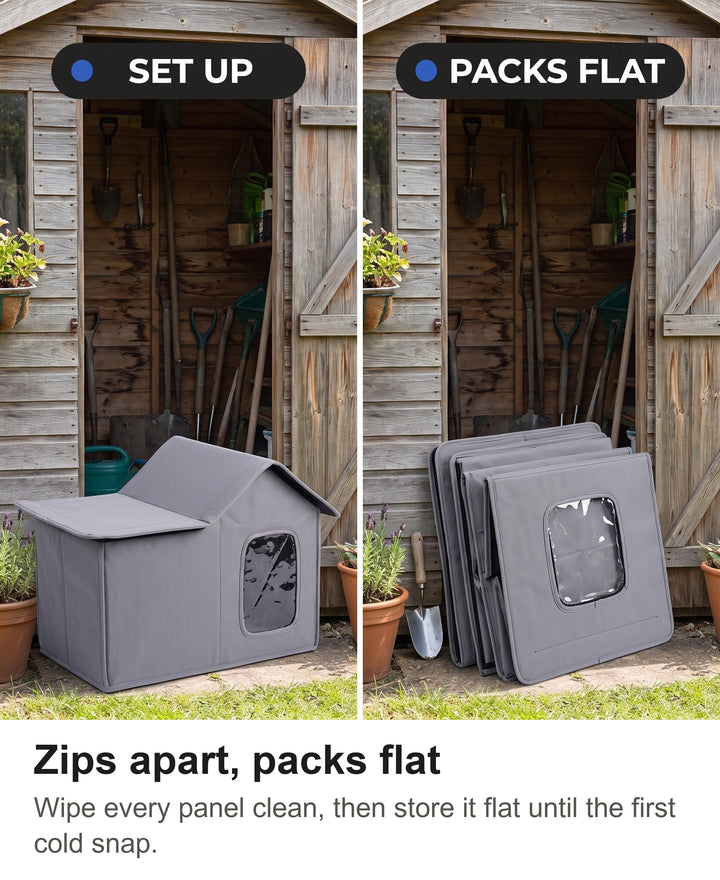 Outdoor cat house set up and then unzipped into flat panels for storage