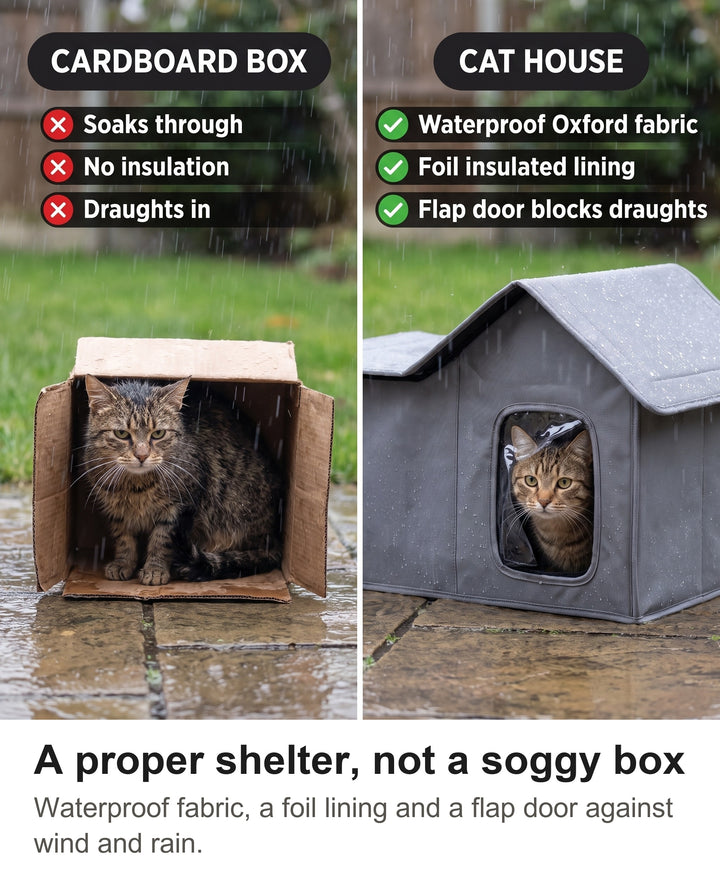 Comparison of a cat in a soggy cardboard box with a cat in the insulated outdoor cat house