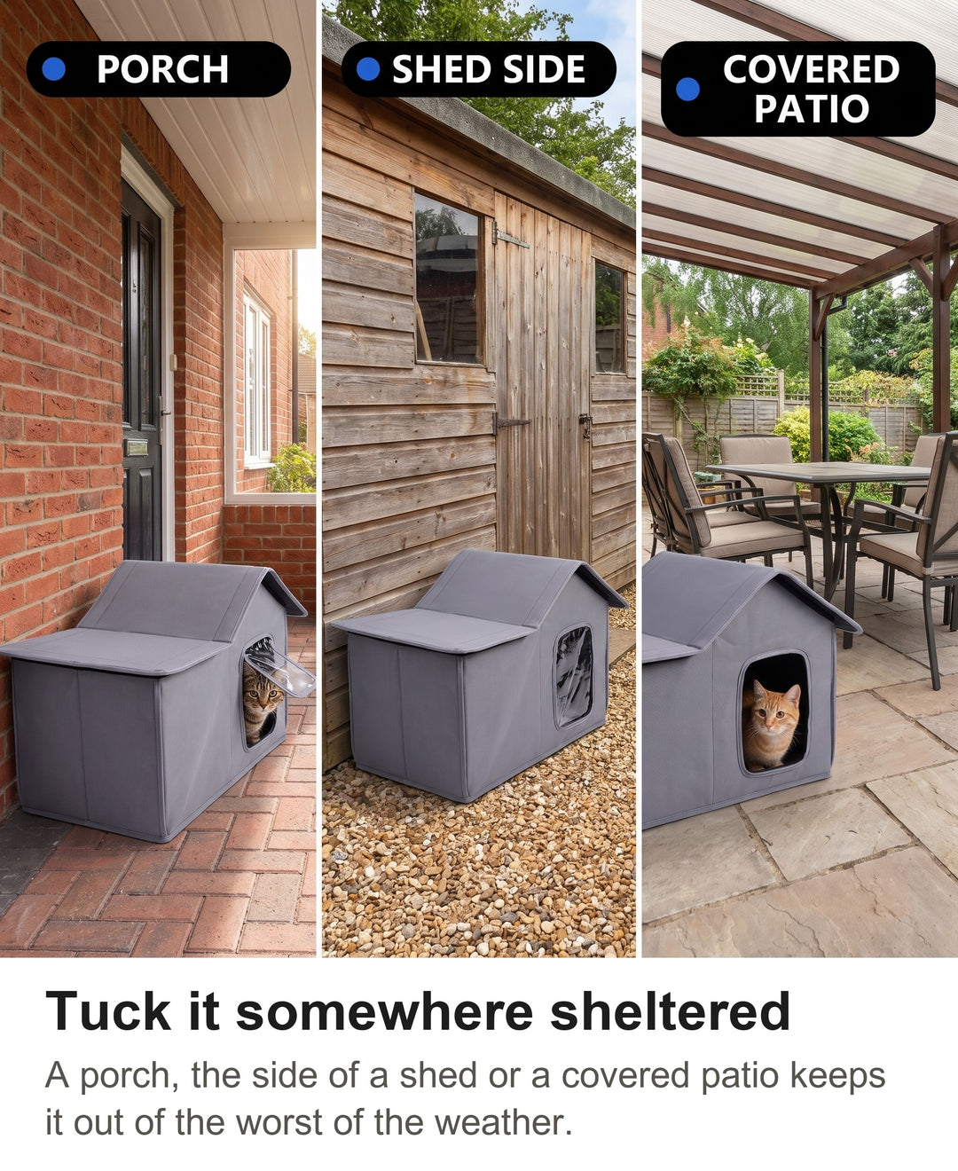 Outdoor cat house on a porch, beside a shed and on a covered patio
