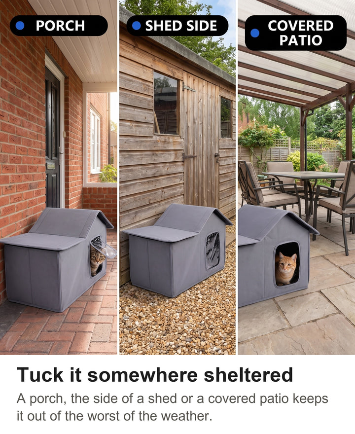 Outdoor cat house on a porch, beside a shed and on a covered patio