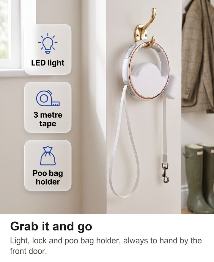 Retractable dog lead hanging by the front door with chips: LED light, 3 m tape, poo bag holder