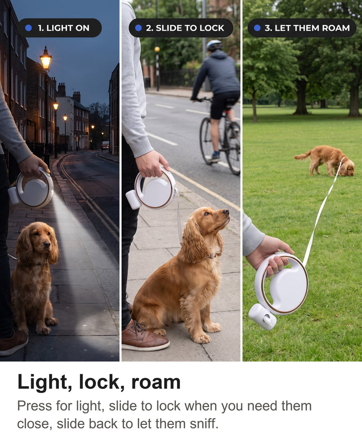 Three steps with the retractable dog lead: press the light, slide the lock, release to roam