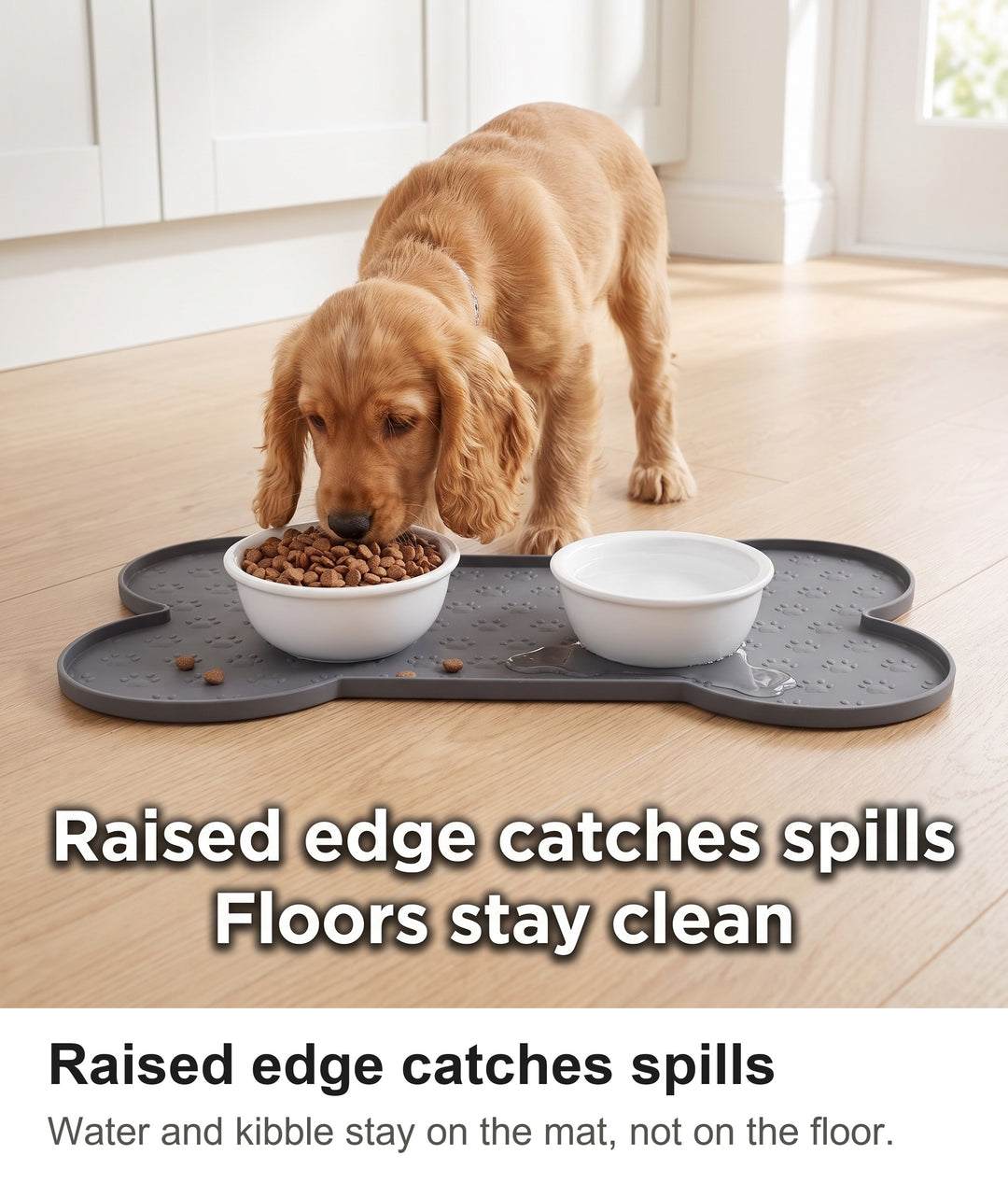 Cocker Spaniel puppy eating from a bowl on the grey silicone dog food mat, spills held by the raised edge