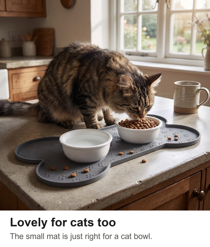 Tabby cat eating from a bowl on the grey silicone cat food mat