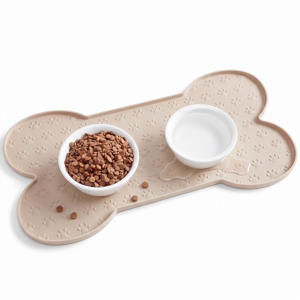 Apricot silicone dog food mat with raised edge and two bowls