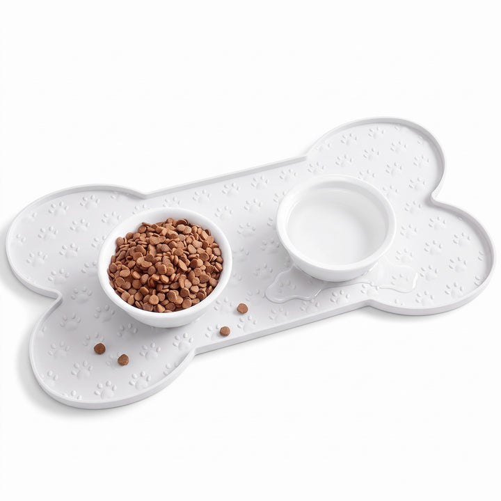 White silicone dog food mat with raised edge and two bowls