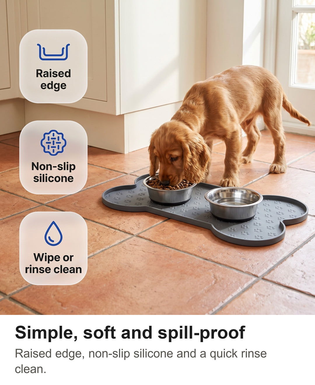 Silicone dog food mat with chips: raised edge, non-slip, waterproof and rinse clean