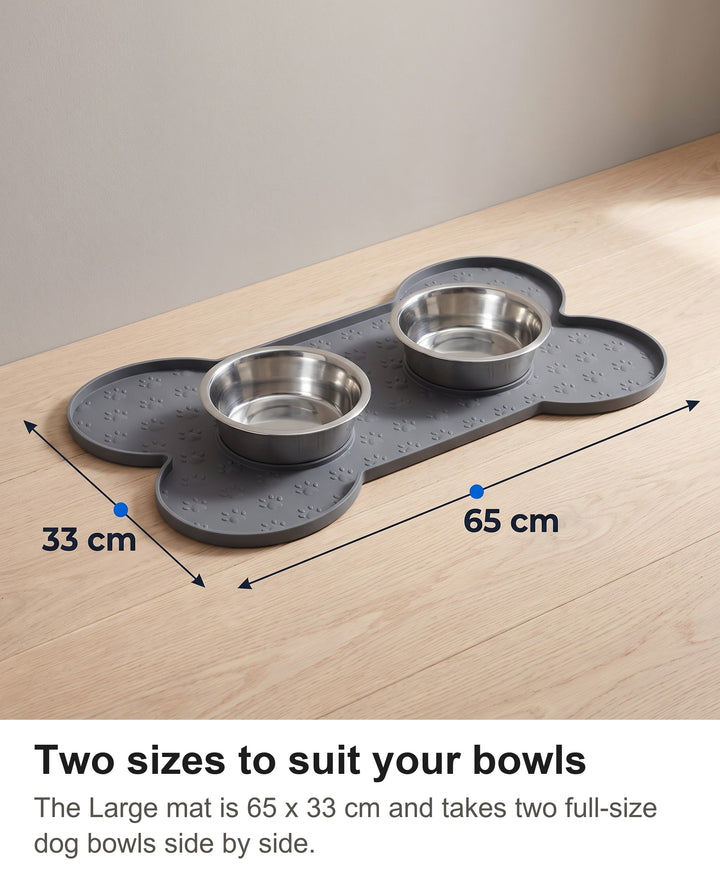 Grey silicone food mat in the Large size with its size marked: 65 cm by 33 cm