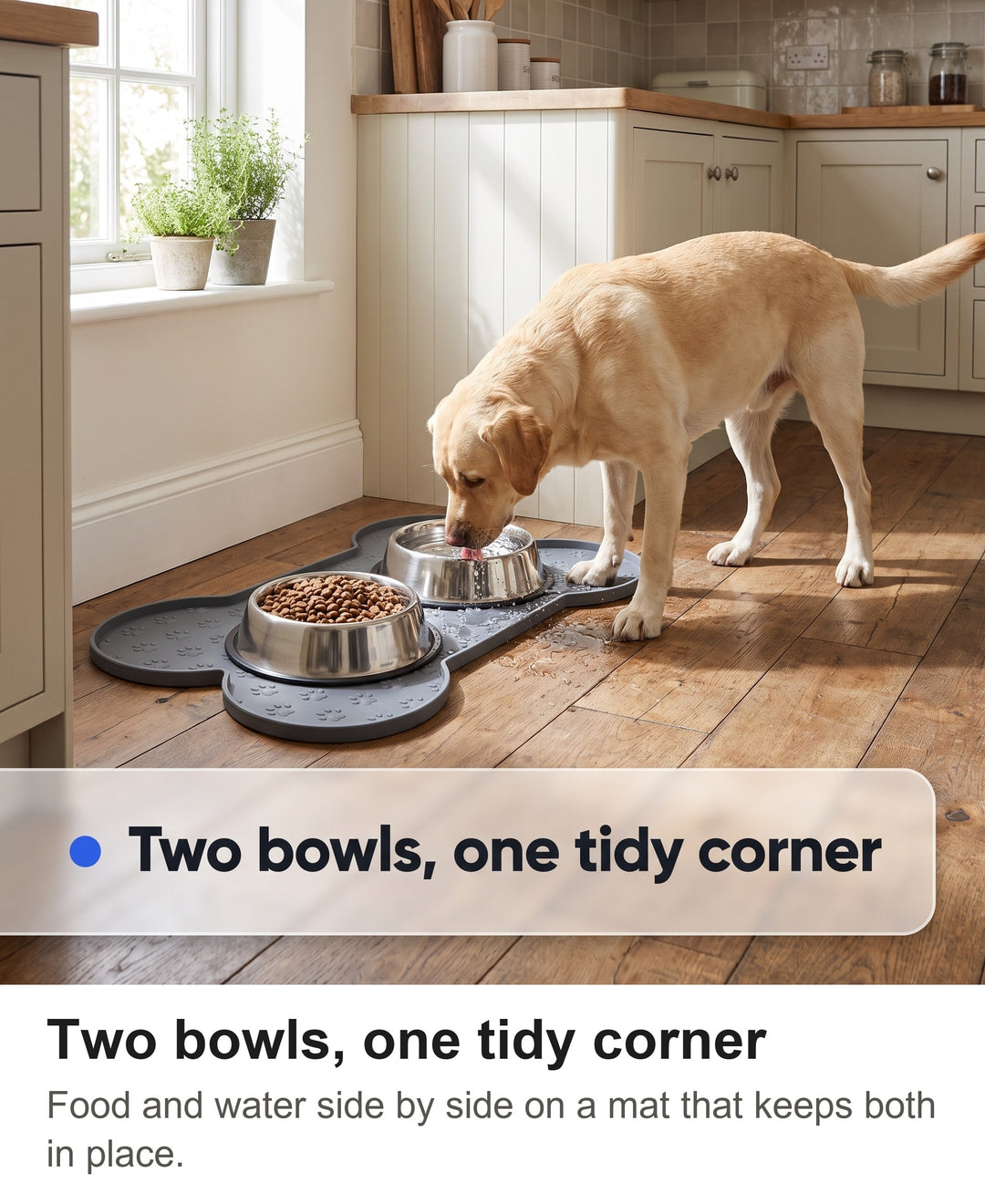 Two bowls of food and water on the large grey silicone mat with a Labrador drinking