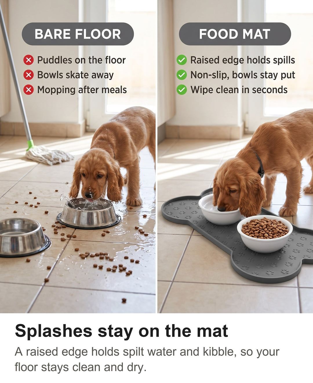 Comparison of a wet kitchen floor around bowls with the silicone mat holding the spills