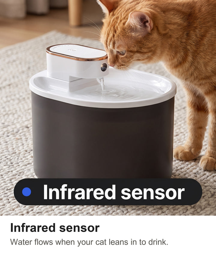 Ginger cat leaning in to the infrared sensor of the rechargeable pet water fountain