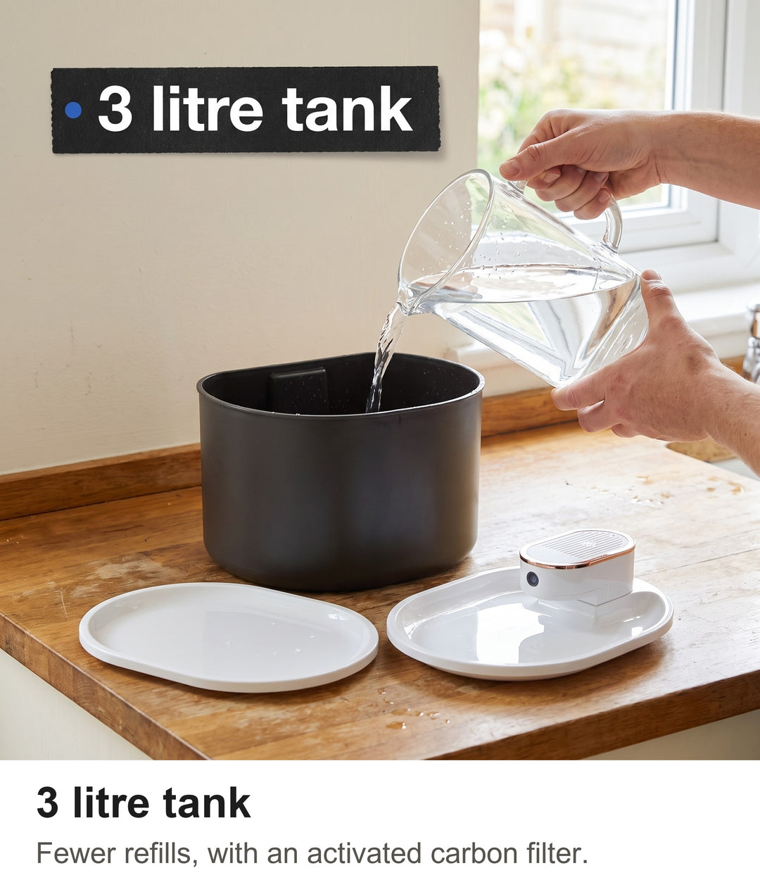 Filling the 3 litre tank of the cat water fountain from a glass jug