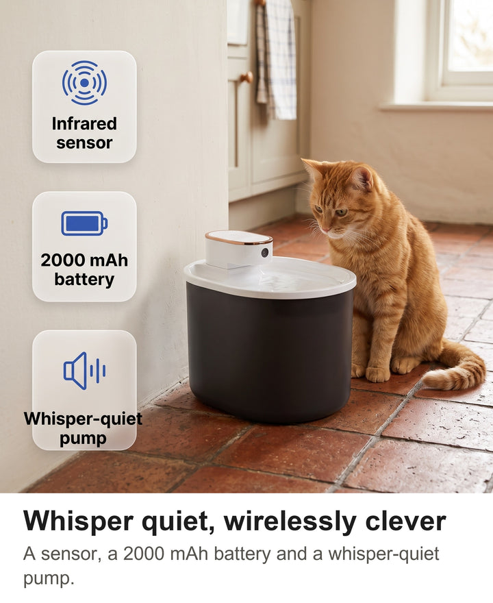 Wireless cat fountain with chips: infrared sensor, 2000 mAh battery, whisper-quiet pump