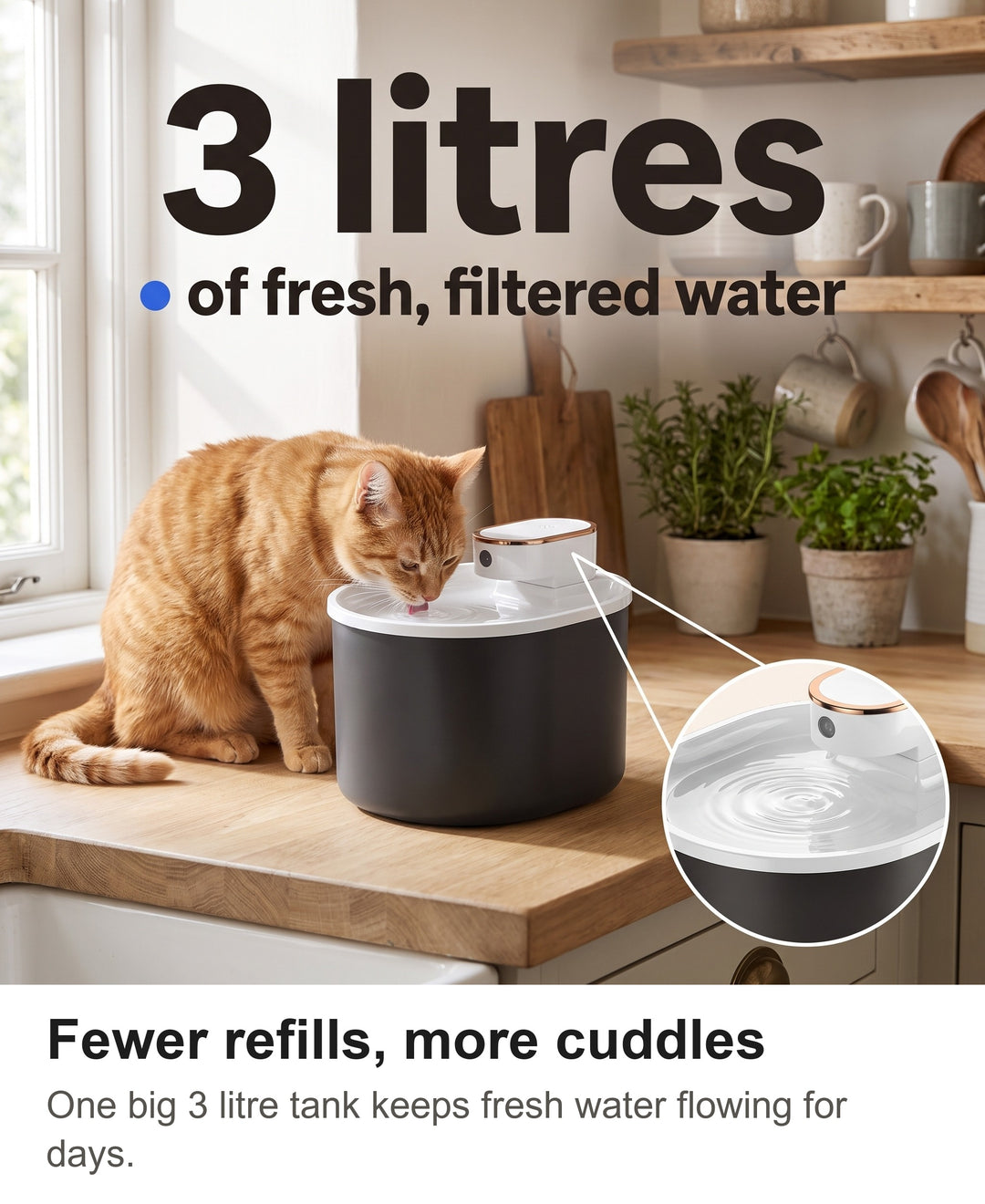 Cat fountain with a big 3 litre tank and a zoom on the water level
