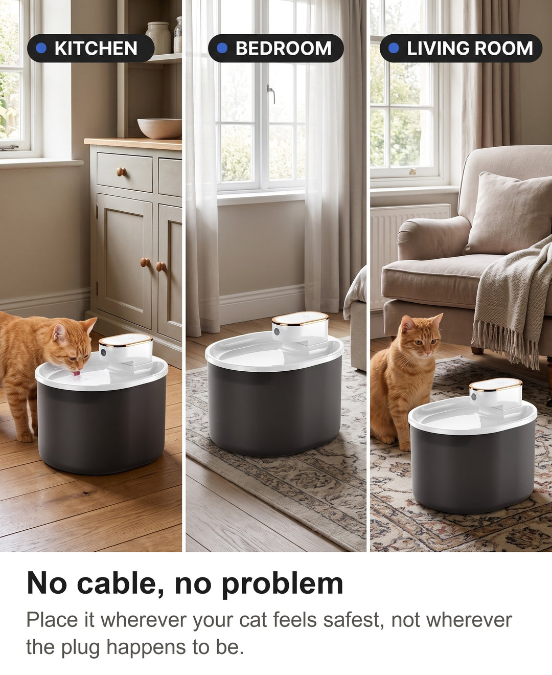 Wireless cat fountain in a kitchen, a bedroom and a living room with no cable