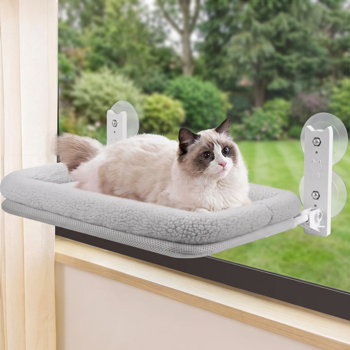 Grey plush cat window perch stuck to a home window with a ragdoll cat relaxing on it, garden view outside