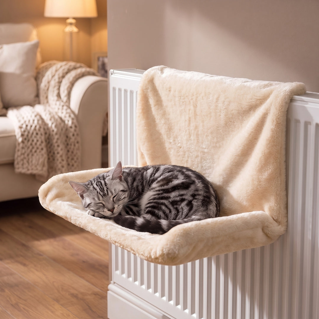 Beige plush cat radiator bed hung on a white radiator with a silver tabby cat curled up in it, cosy living room
