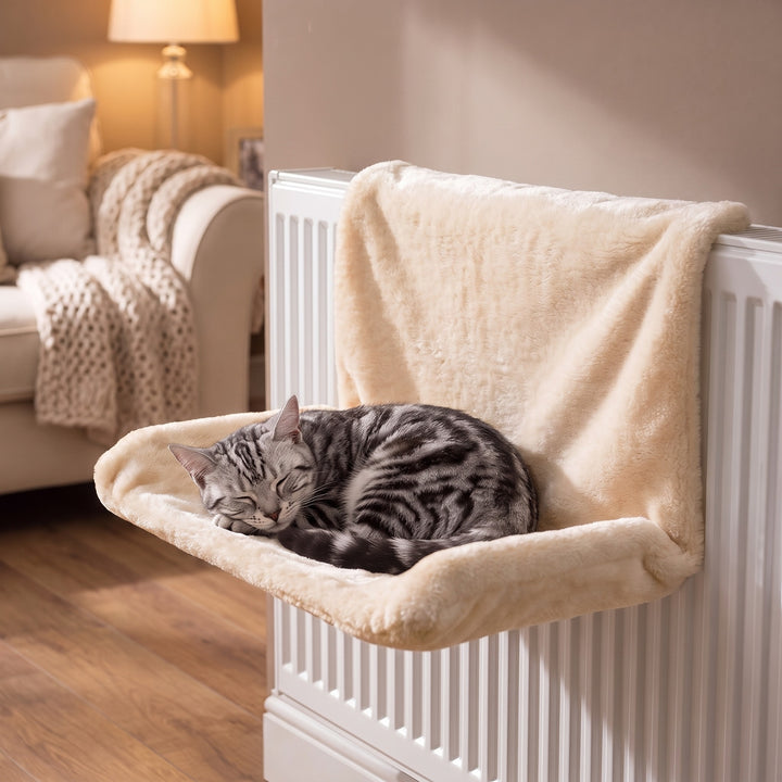 Beige plush cat radiator bed hung on a white radiator with a silver tabby cat curled up in it, cosy living room