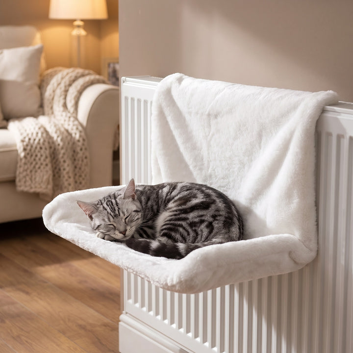 White plush cat radiator bed hung on a white radiator with a silver tabby cat curled up in it, cosy living room