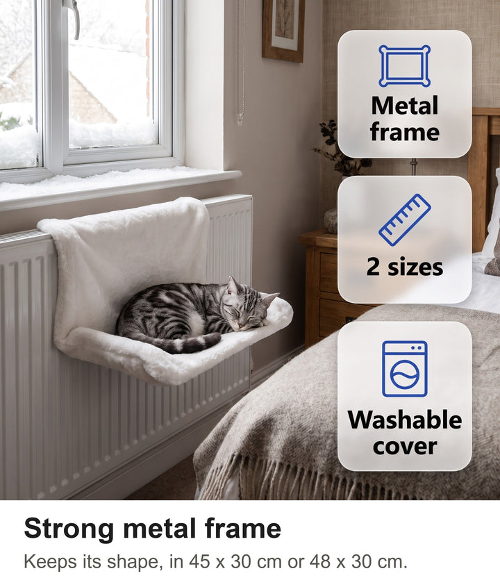Tabby cat asleep in the radiator bed under a window with snow outside