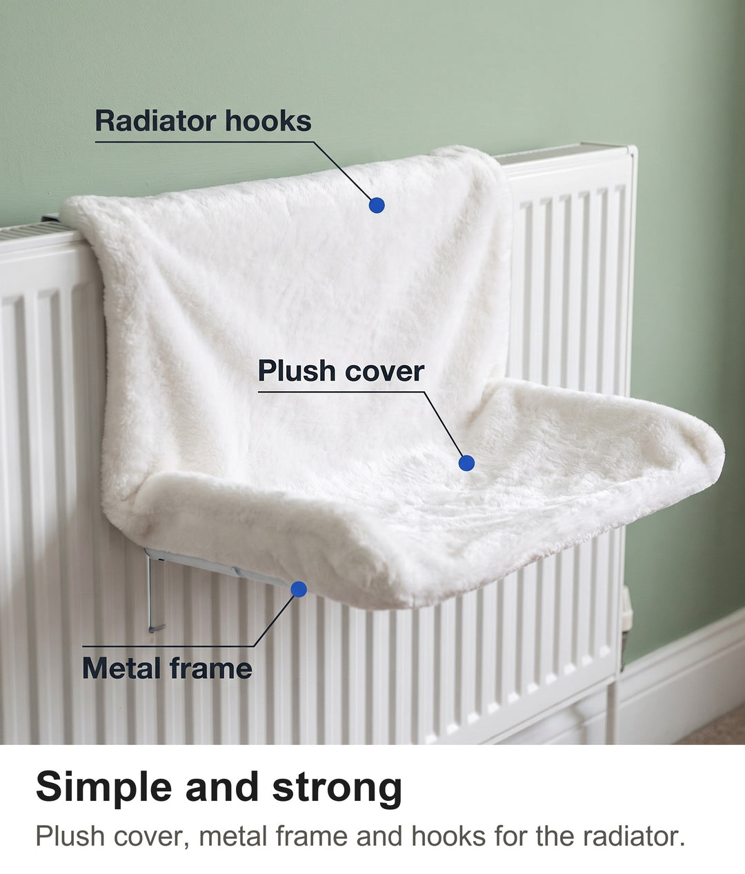 Cat radiator bed labelled: plush cover, metal frame and radiator hooks