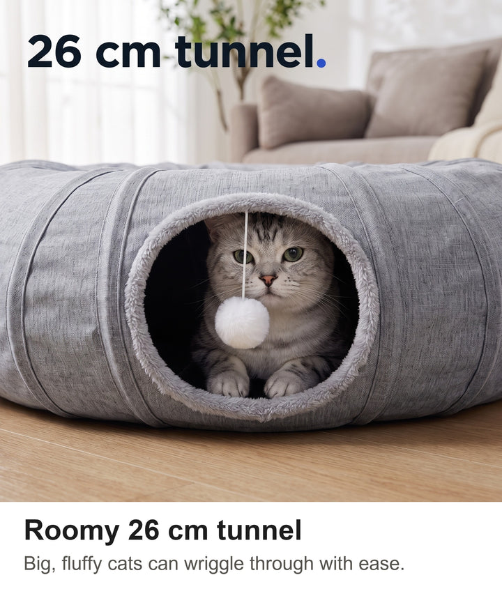Large fluffy cat looking out from inside the roomy 26 cm cat tunnel