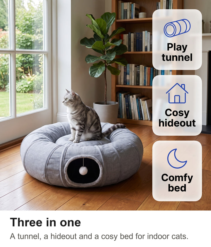 Cat tunnel bed in a living room: tunnel, hideout and bed in one